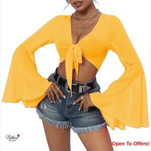 Sheer Mesh Bell Sleeve Crop Top with Tie Front for Rave Festival